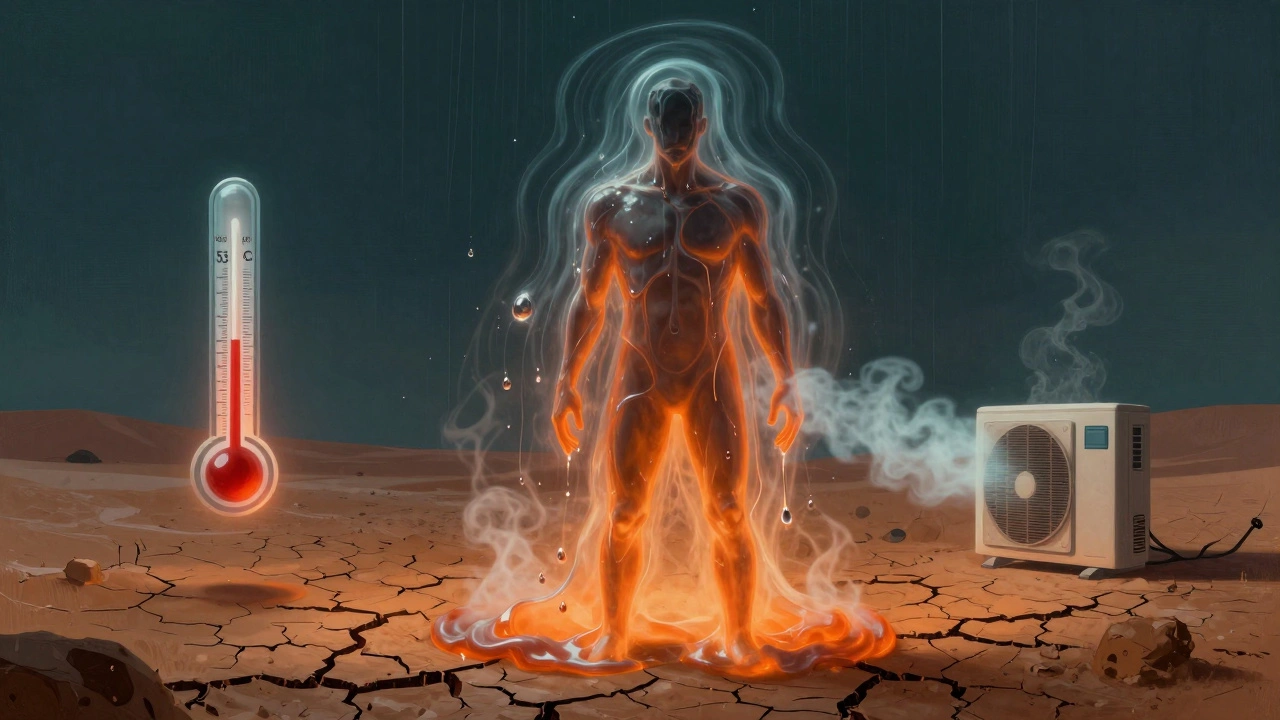 Символическое изображение экстремальной жары: человек в паровой атмосфере, термометр показывает 53,2°C, кондиционер борется с жарой.