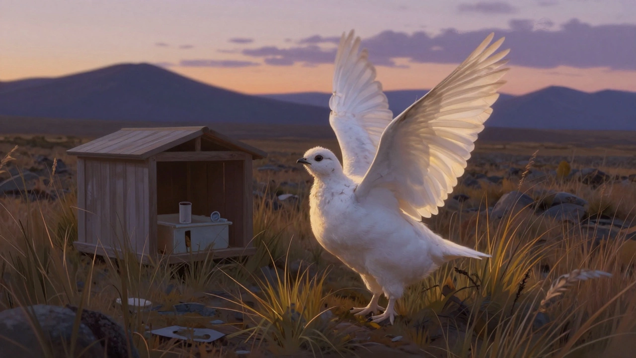 Спасённый белый тетерев выпускается в дикую природу на закате, за спиной — место выращивания.