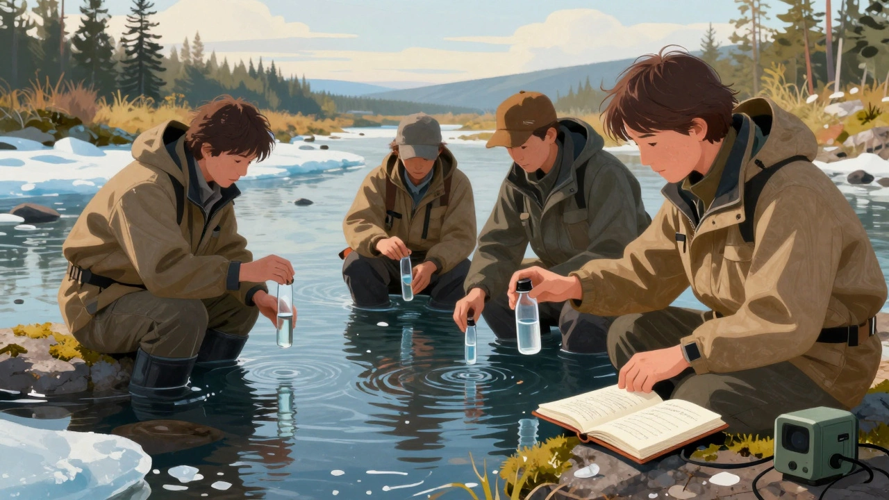 Учёные берут пробы воды в реке заповедника Байкал, вокруг — камни, лёд и записная книжка с данными.