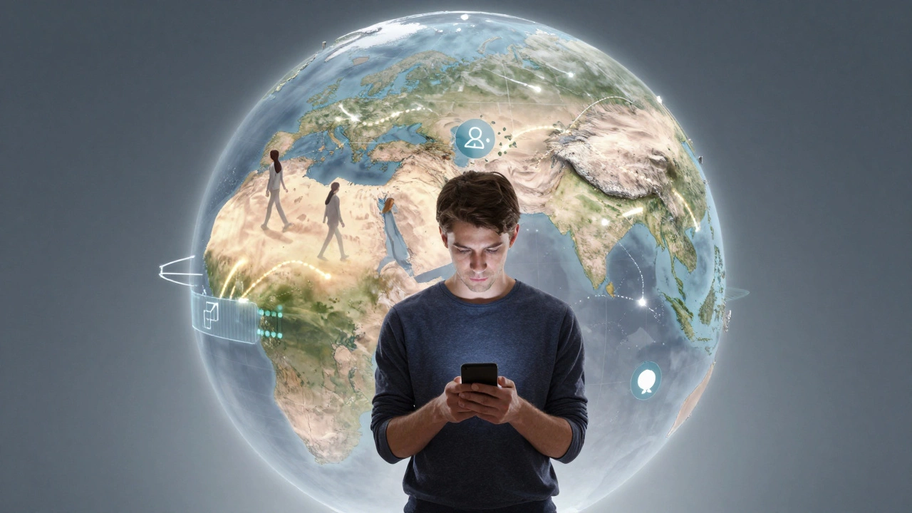 Человек с телефоном смотрит на глобус, где видны призрачные следы пешеходов, но пути заблокированы.
