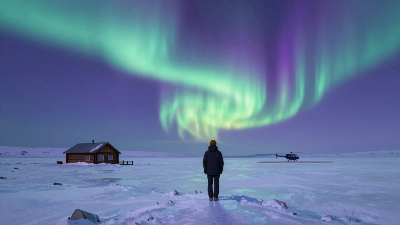 Человек стоит под северным сиянием на тундре в России.