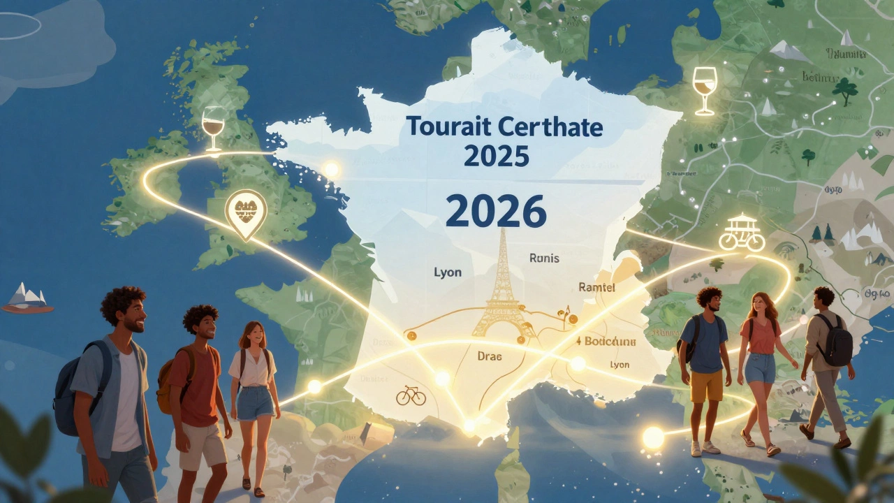 Цифровой туристический сертификат с маршрутами по Франции, соединяющий города и достопримечательности.