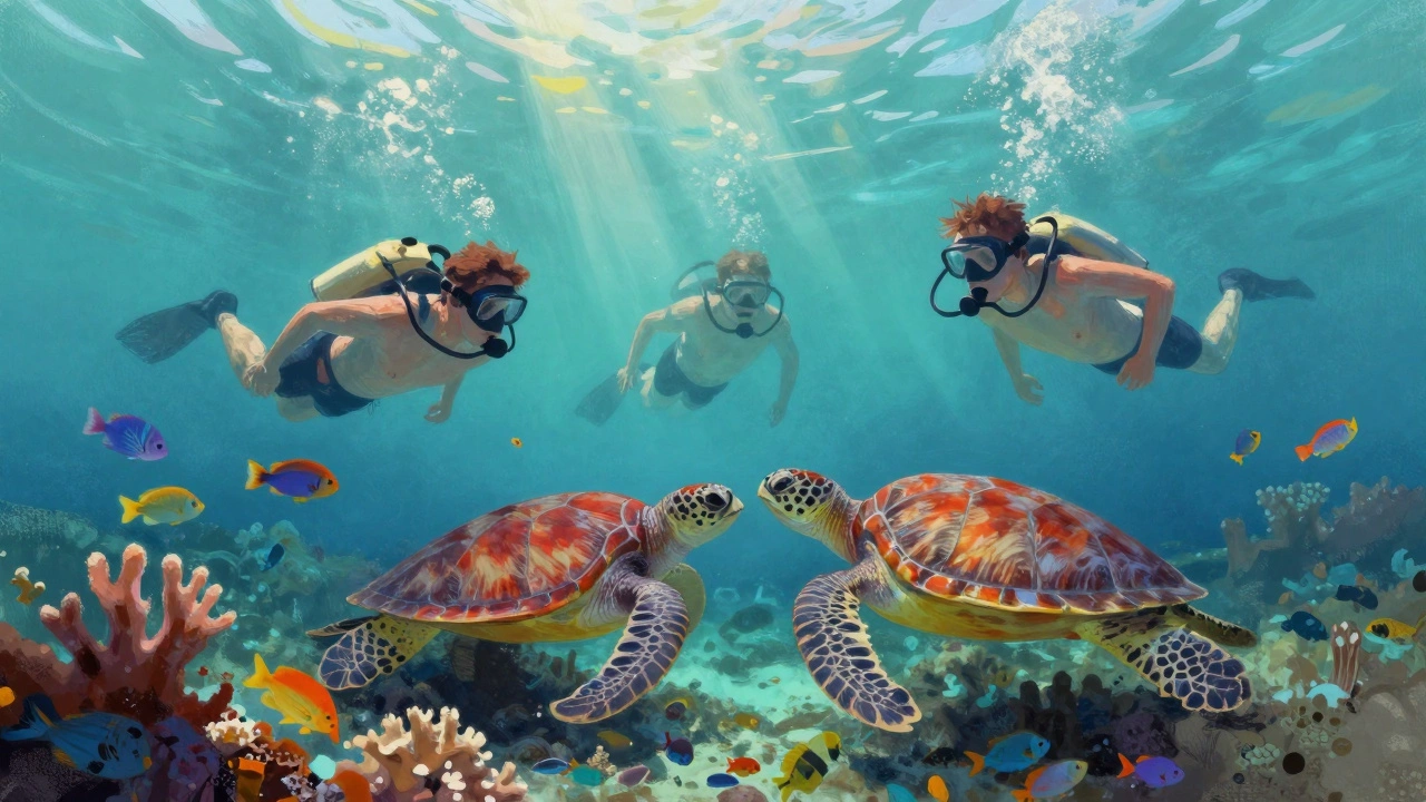 Дайверы snorkeling над коралловым рифом в Мальдивах.