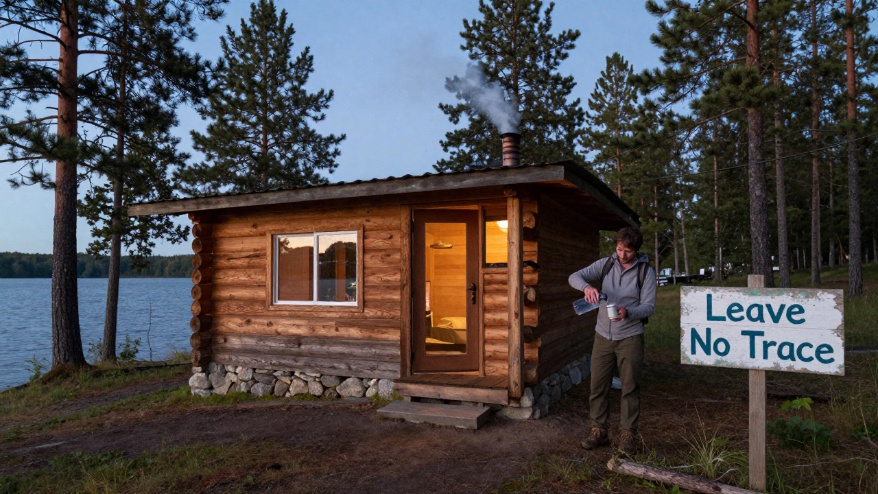 Эко-дом в лесу у озера Телецкое, турист пьёт фильтрованную воду под звёздным небом.