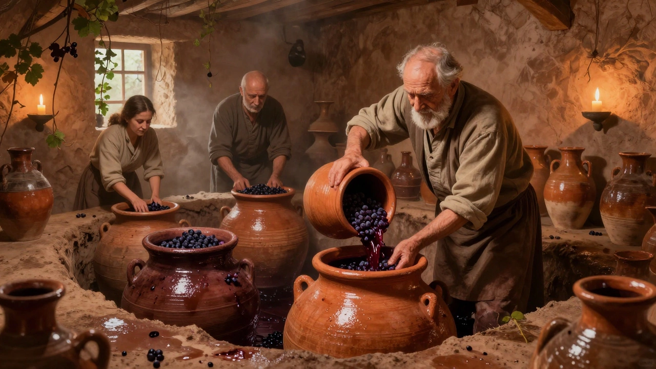 Грузинская семья разливает вино в глиняные квеври, закопанные в землю.