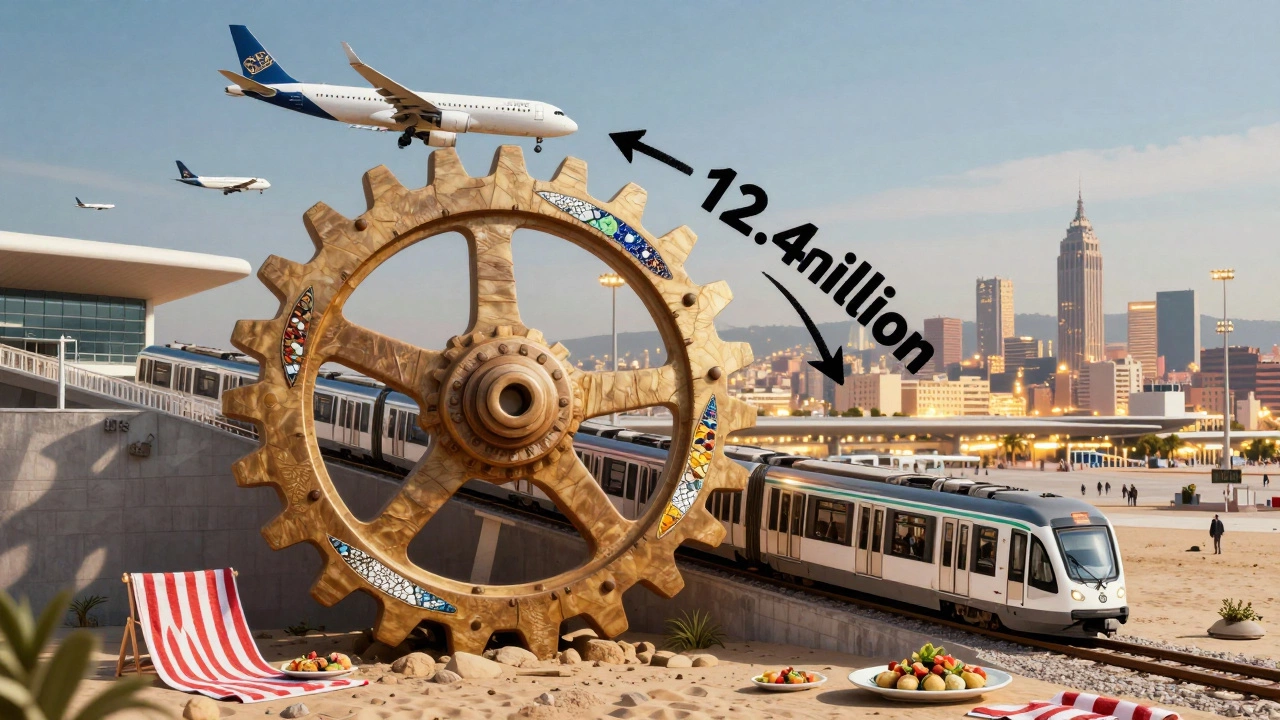 Концептуальная схема Барселоны как туристического двигателя с самолётами, метро и тапасами.