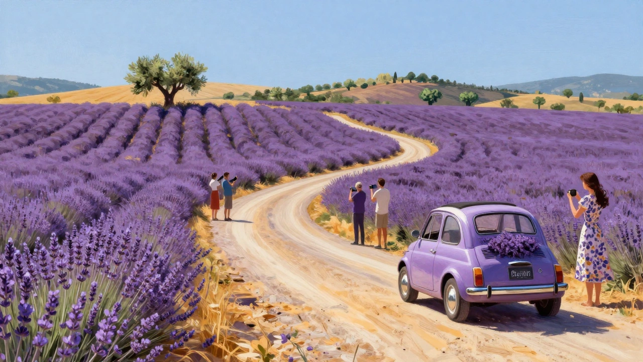 Лавандовые поля Прованса, туристы фотографируются рядом с фермершей, собирающей лаванду.