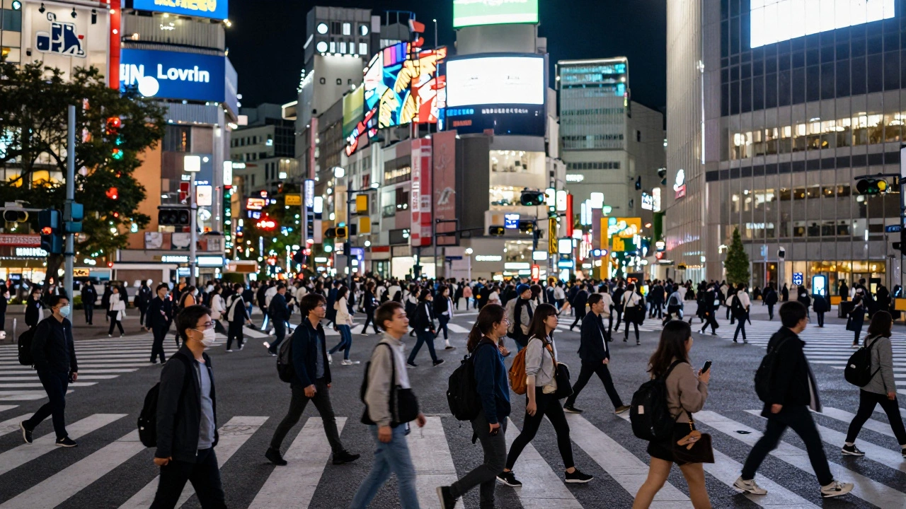 Перекрёсток Сибуя ночью: толпы людей переходят по пешеходным переходам под неоновыми экранами.