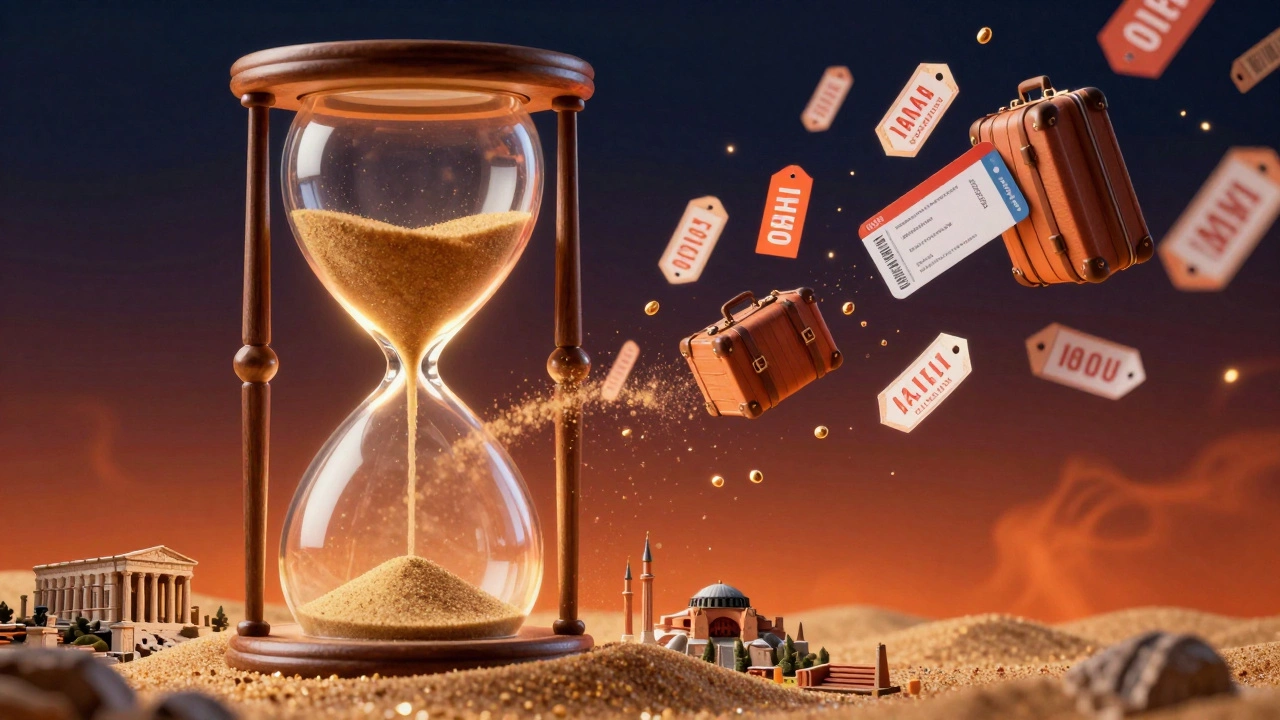Песочные часы с древними руинами внизу и билетами наверху — символ срочной распродажи тура.