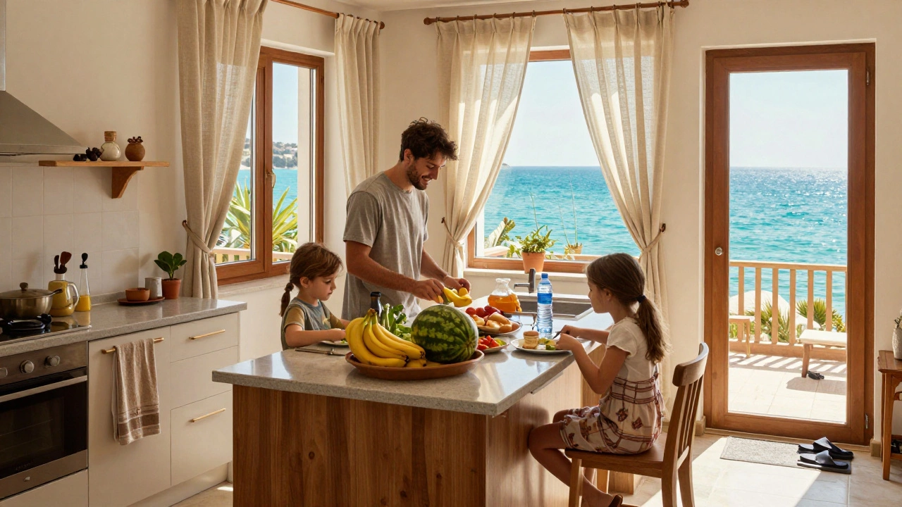 Семья готовит еду на кухне апартаментов в Белеке с видом на море и свежими продуктами.