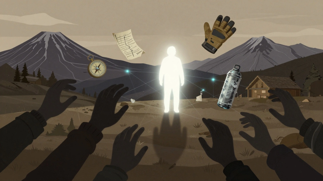 Символическая сеть связей из удалённых гор России, ведущих к одному гиду, олицетворяющему опыт и выживание.