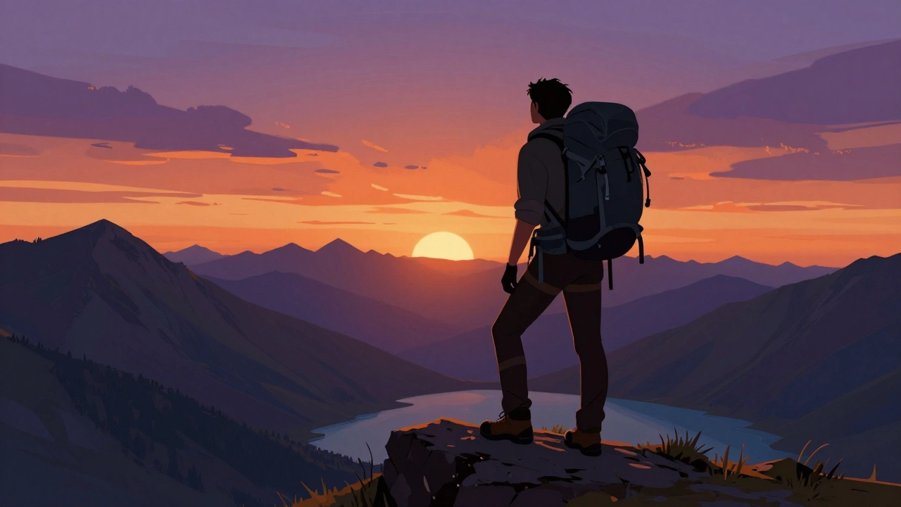 Треккер на вершине в Кавказе на закате, с рюкзаком, смотрит на горные озёра внизу.