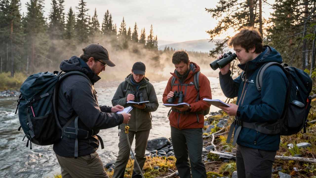 Три менеджера туристической компании наблюдают за гидом, который самостоятельно устанавливает страховку на реке Катунь.