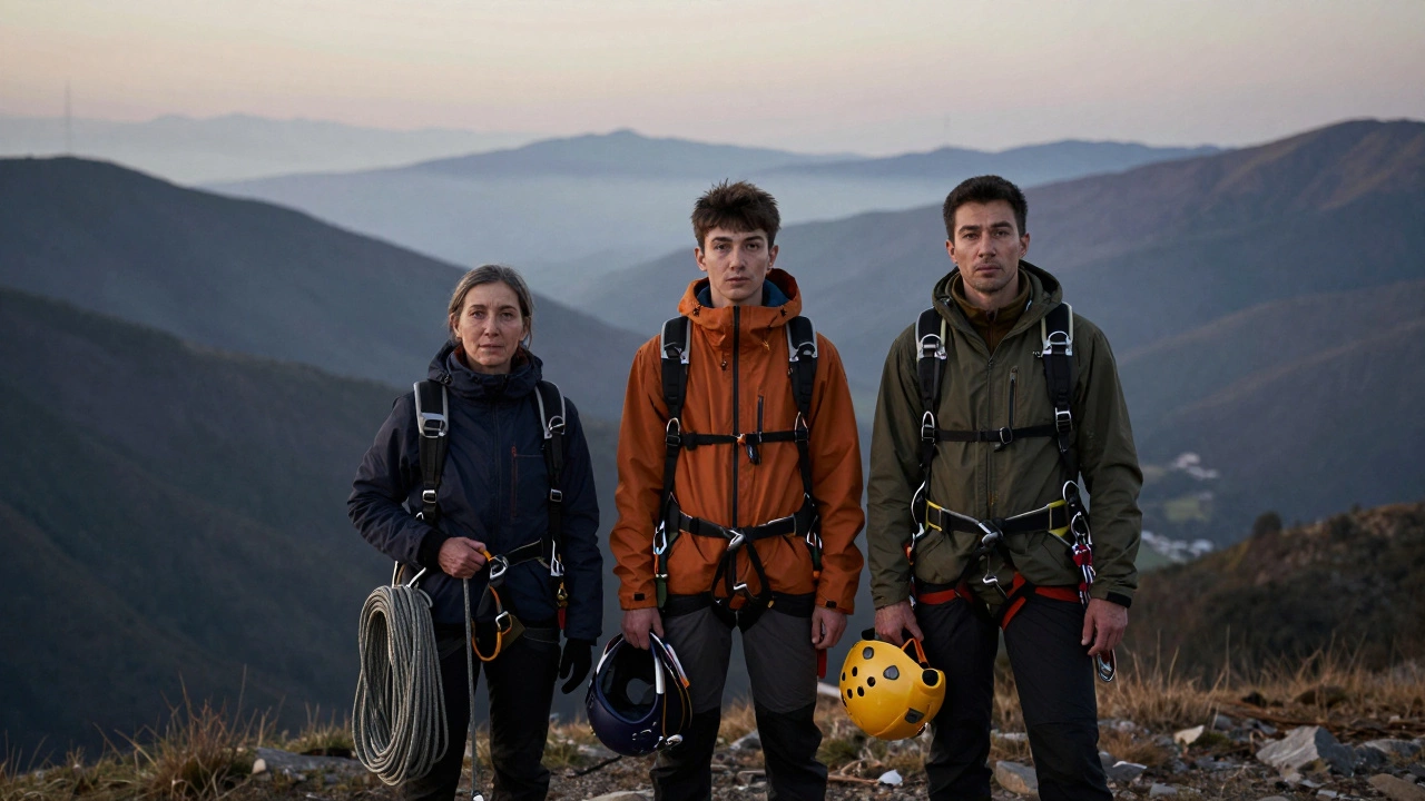 Трое людей на горном хребте на закате с снаряжением для экстремальных видов спорта.