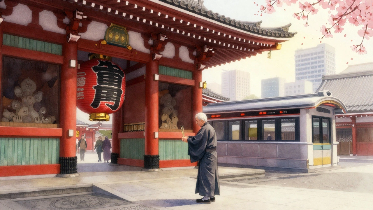 Утро в Асакусе: мужчина возле храма Сенсо-дзи, позади — современные небоскрёбы и туман.