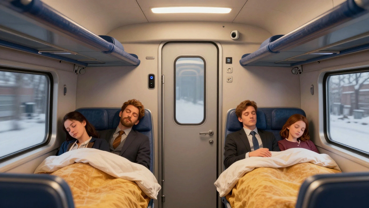 Уютный купейный вагон поезда с пассажирами, спящими под одеялами, с видимыми системами безопасности.