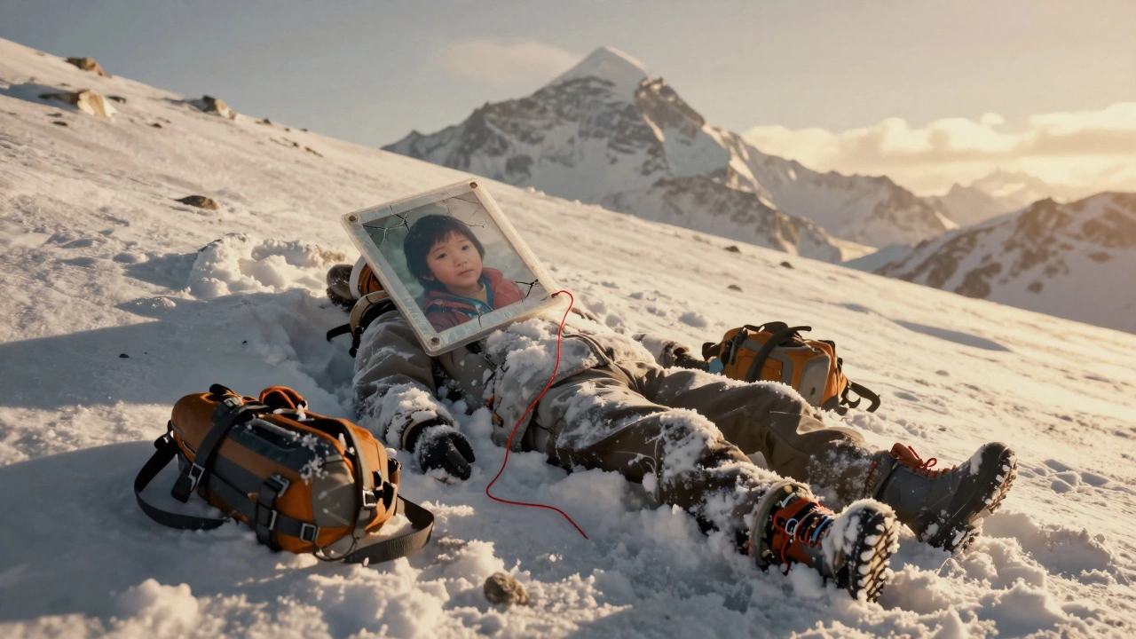 Замерзшее тело частично высвобождается из тающего льда, на шее — кулон с фото ребёнка.