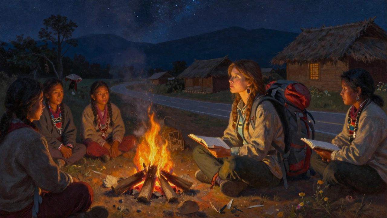 Женщина сидит у костра в деревне, местные слушают ее рассказы под звездами.