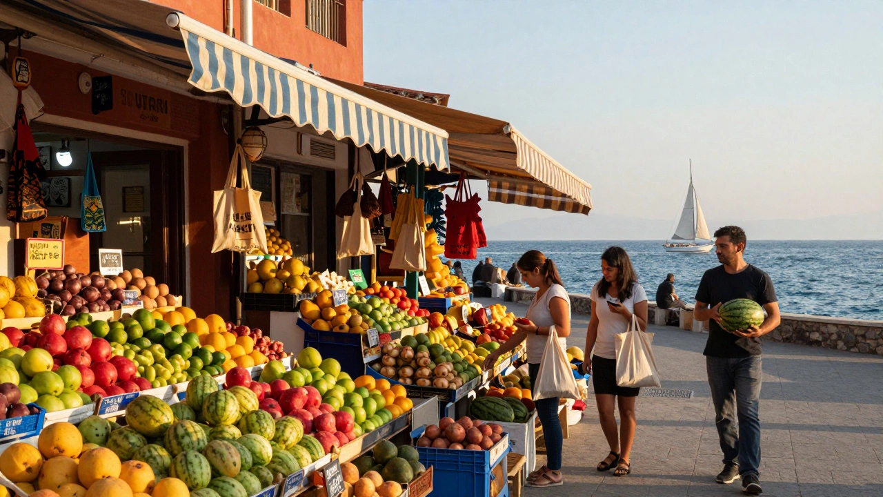 Живописный рынок в Турции с фруктами, покупателями и закатом над морем.