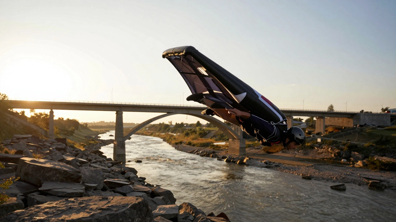 Бейсджампер в крыльях падает с моста, река и скалы внизу.