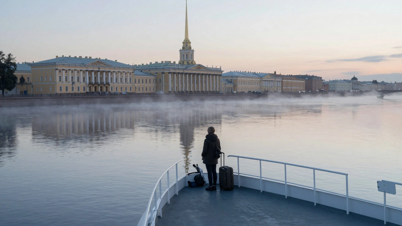 Человек на носу речного круиза на рассвете, Санкт-Петербург отражается в спокойной воде.