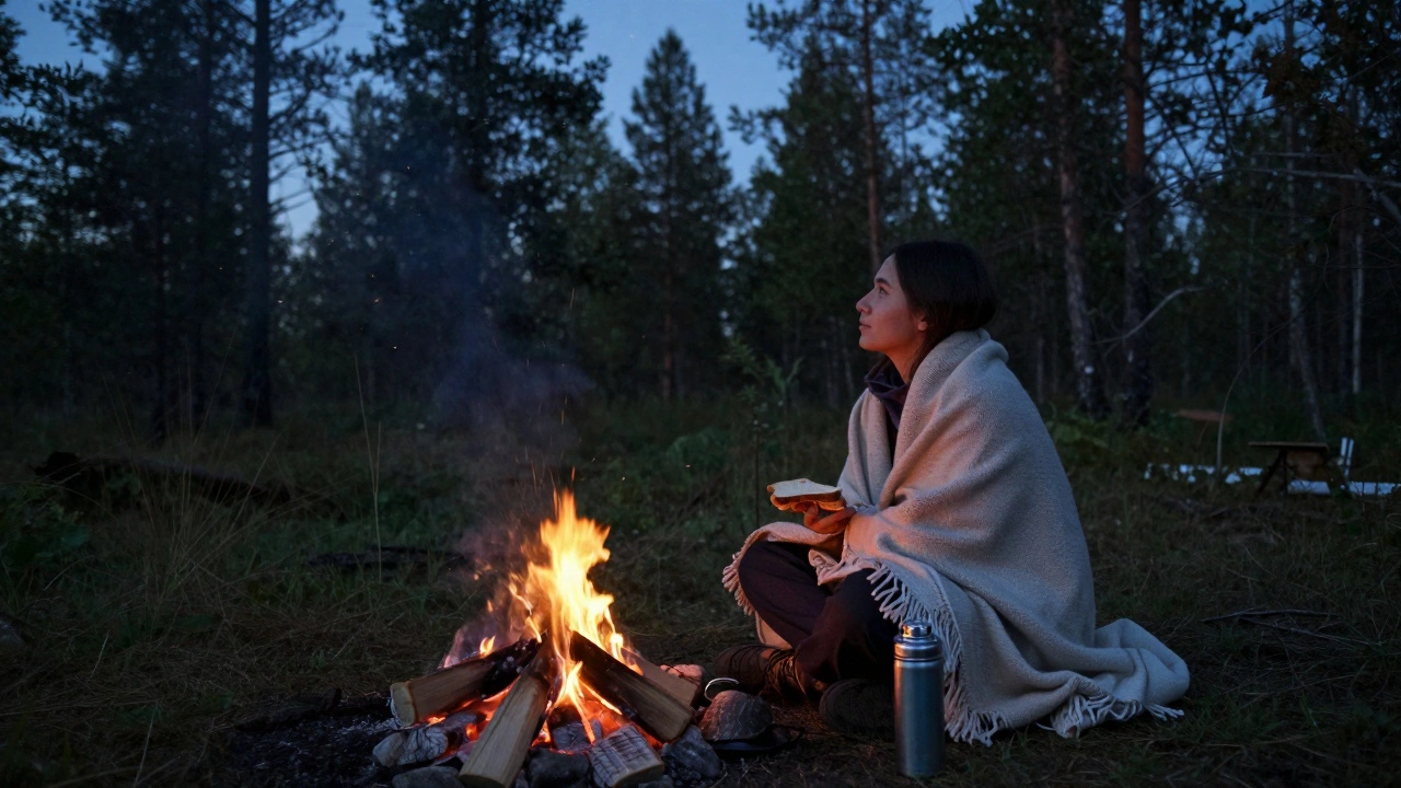 Человек сидит у костра на закате, смотрит на звезды в лесу, рядом — термос и еда.