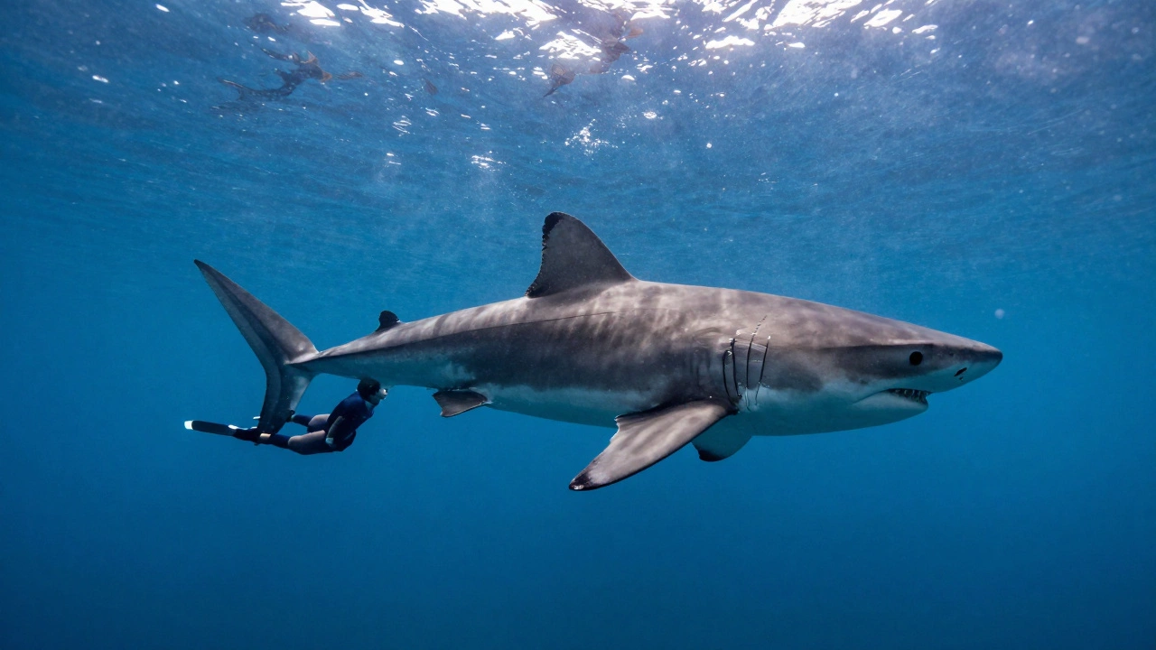 Дайвер плавает рядом с белой акулой длиной 5 метров в прозрачной океанской воде.