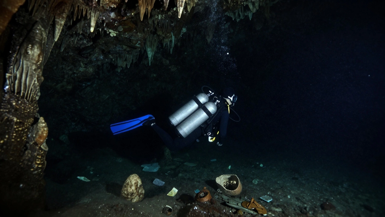 Дайвер в пещере с тремя баллонами, луч света в темной воде.