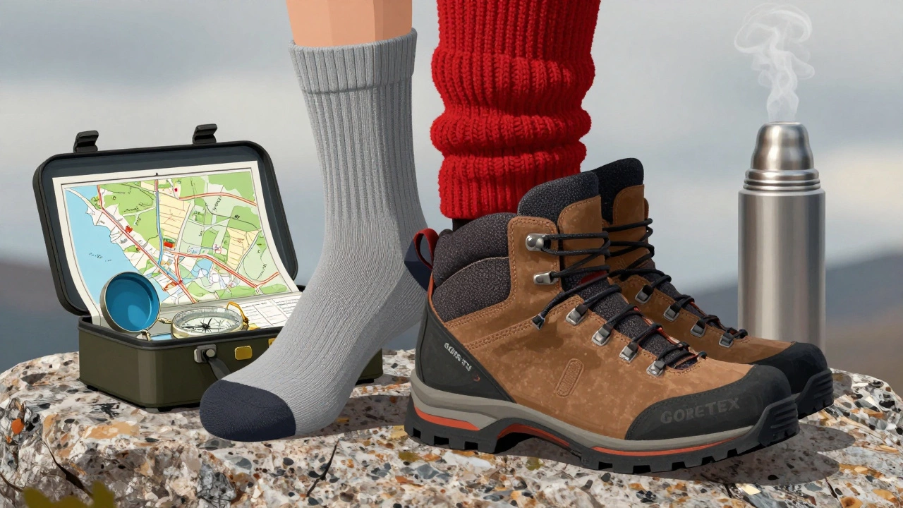 Деталь снаряжения: две пары носков, горные ботинки, компас и карта, разложенные на скале с термосом, под мягким светом.