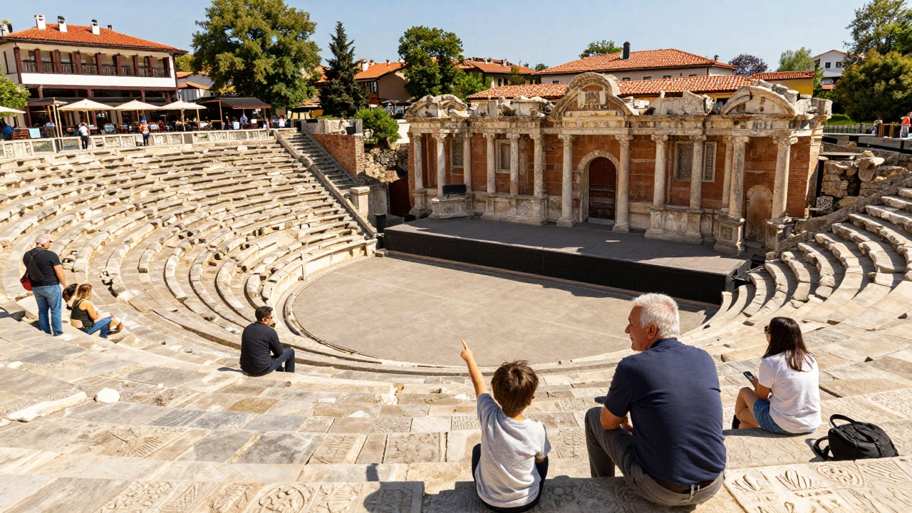 Древний римский театр в Пловдиве, Болгария, с посетителями на каменных рядах, солнечный свет и современные кафе вокруг.