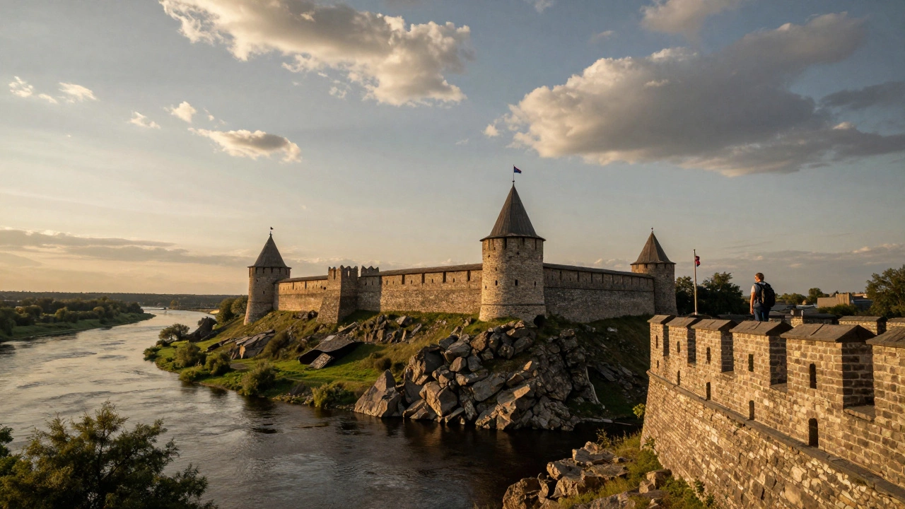 Крепость Каменец-Подольский на скале над рекой, золотой закат, древние стены и один путник на стене.