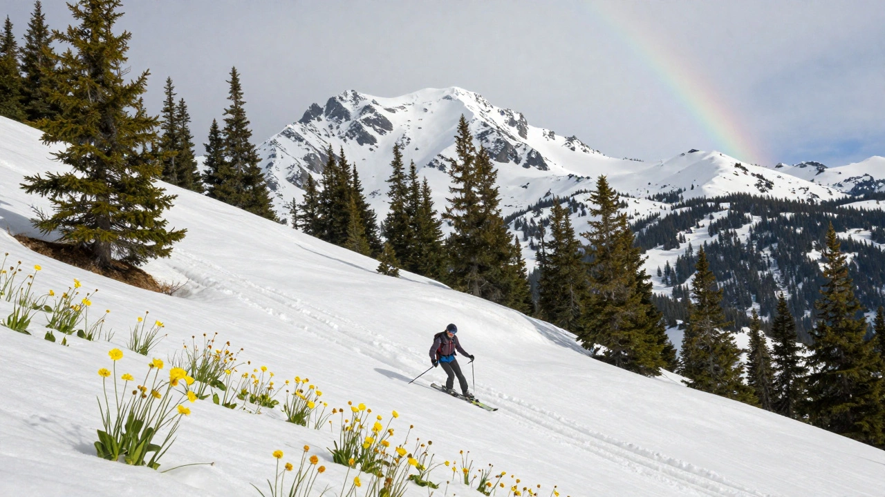Лыжник катается в мае на склоне, где снег ещё лежит, а вокруг цветут цветы — символ продленного зимнего сезона.