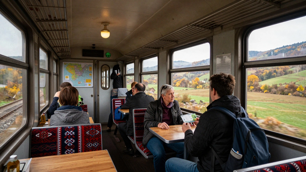 Пассажиры в вагоне поезда в Румынии с видом на Карпаты и билетом за 12 евро.