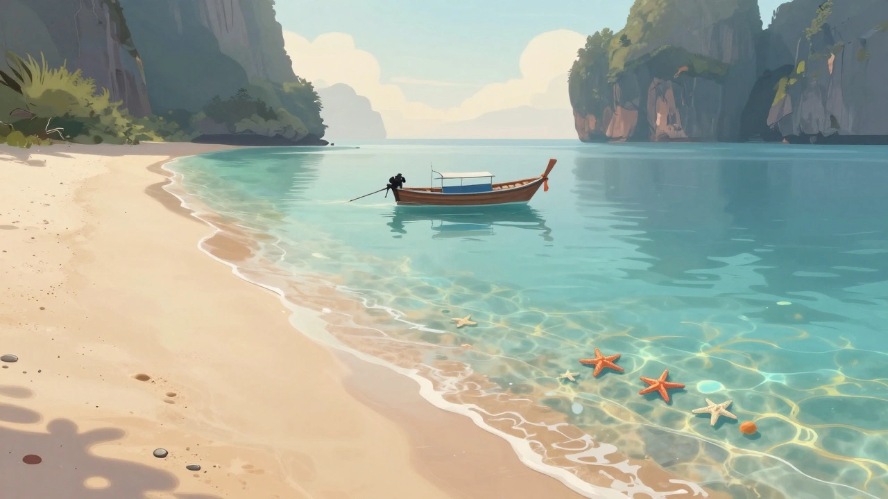 Рассвет на пляже Хавайя: прозрачная вода с видимыми морскими звездами и отсутствие следов людей.