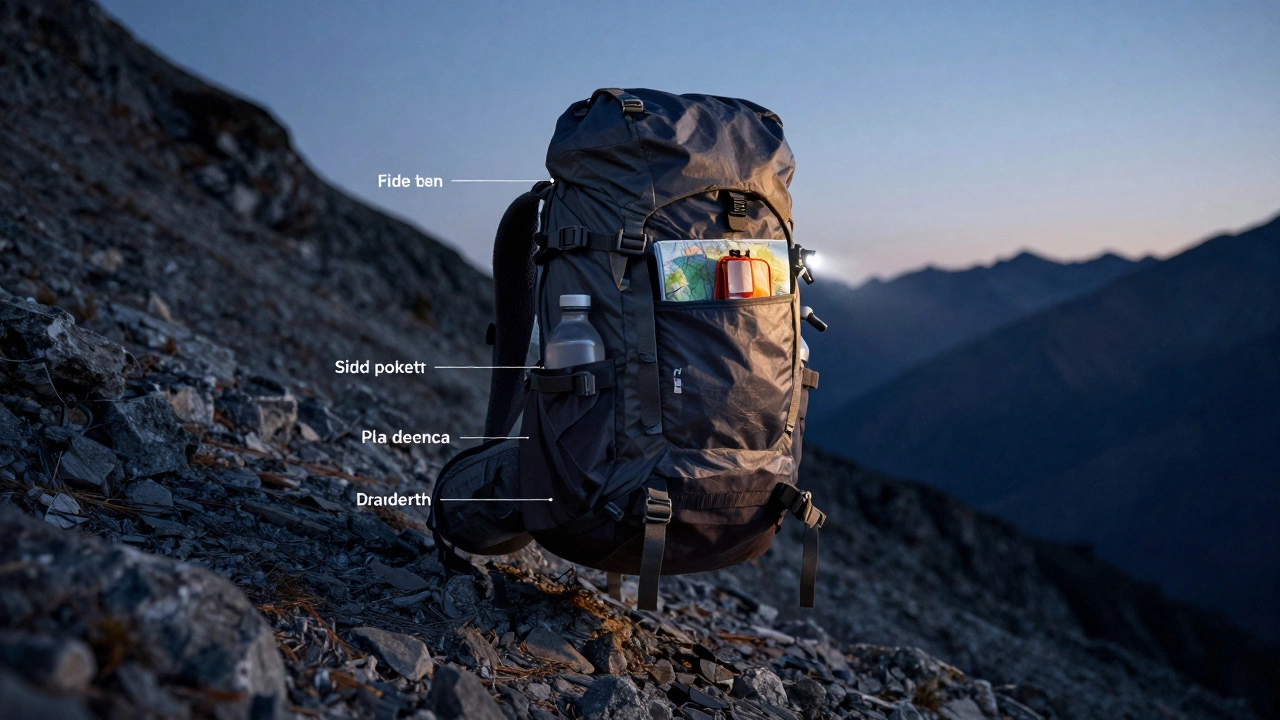 Рюкзак с распределенными карманами и дождевиком, парящий над горным склоном при сумерках, с видимым фонариком и звездами на фоне.