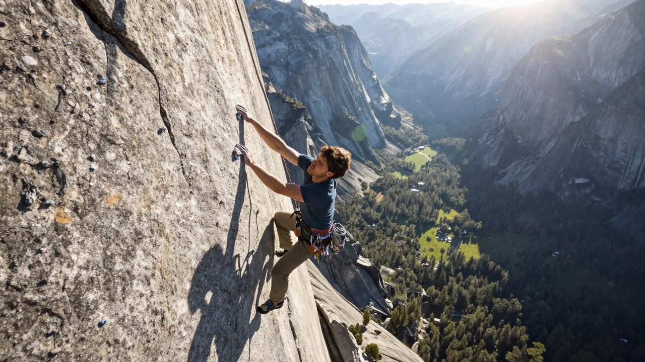 Скалолаз без страховки поднимается по гранитной стене Эль-Капитан, прижимаясь к скале руками и ногами.