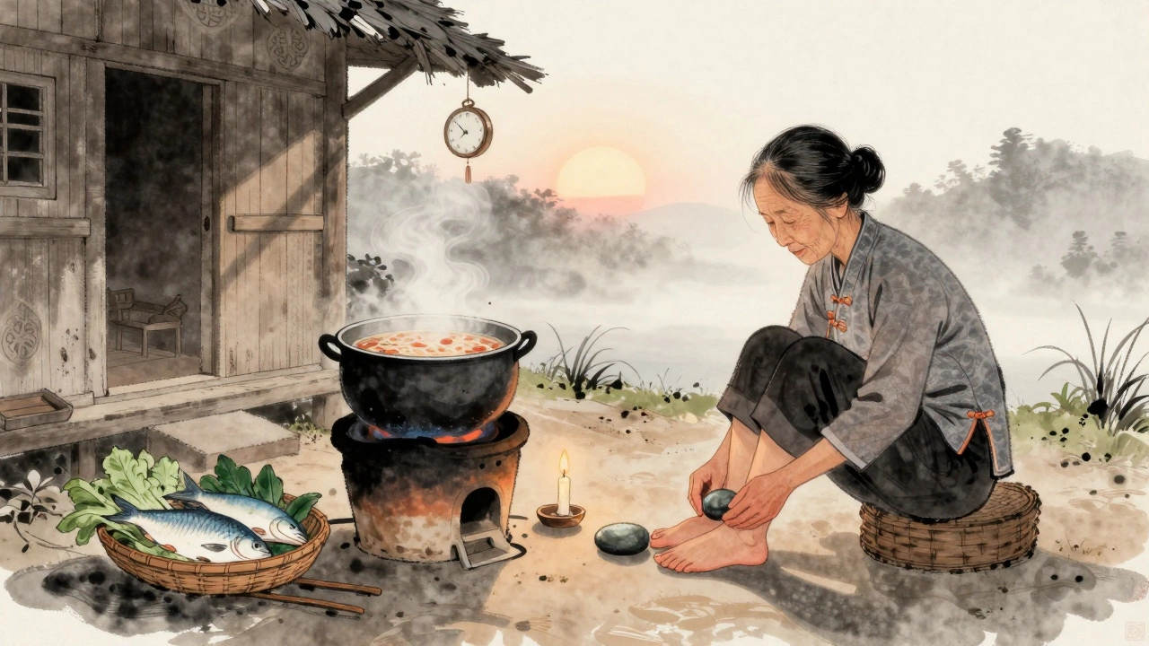 Вьетнамская бабушка массирует стопы камнем у двери дома на рассвете.