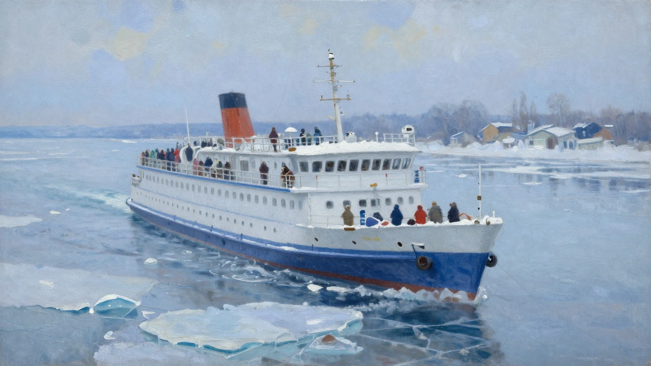 Зимний круиз по Волге, ледяная река, пассажиры в теплой одежде.
