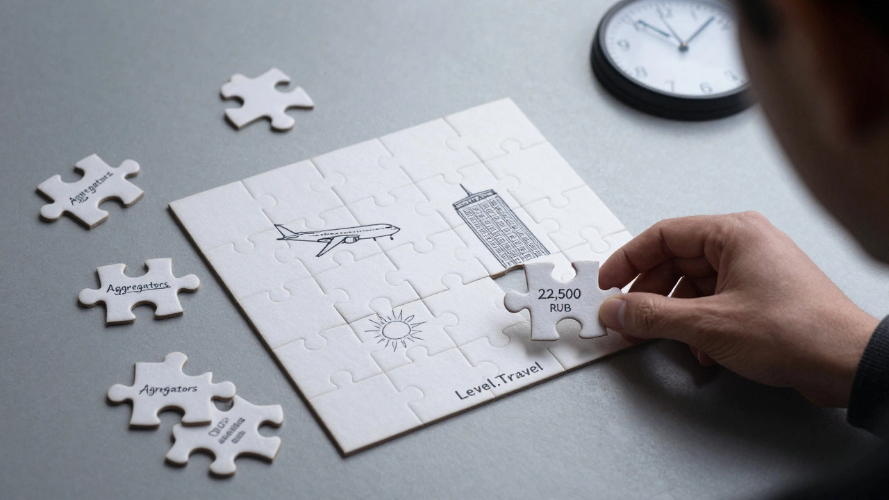 Человек собирает пазл с турами, который идеально вписывается в Level.Travel, другие части пазла разбросаны.