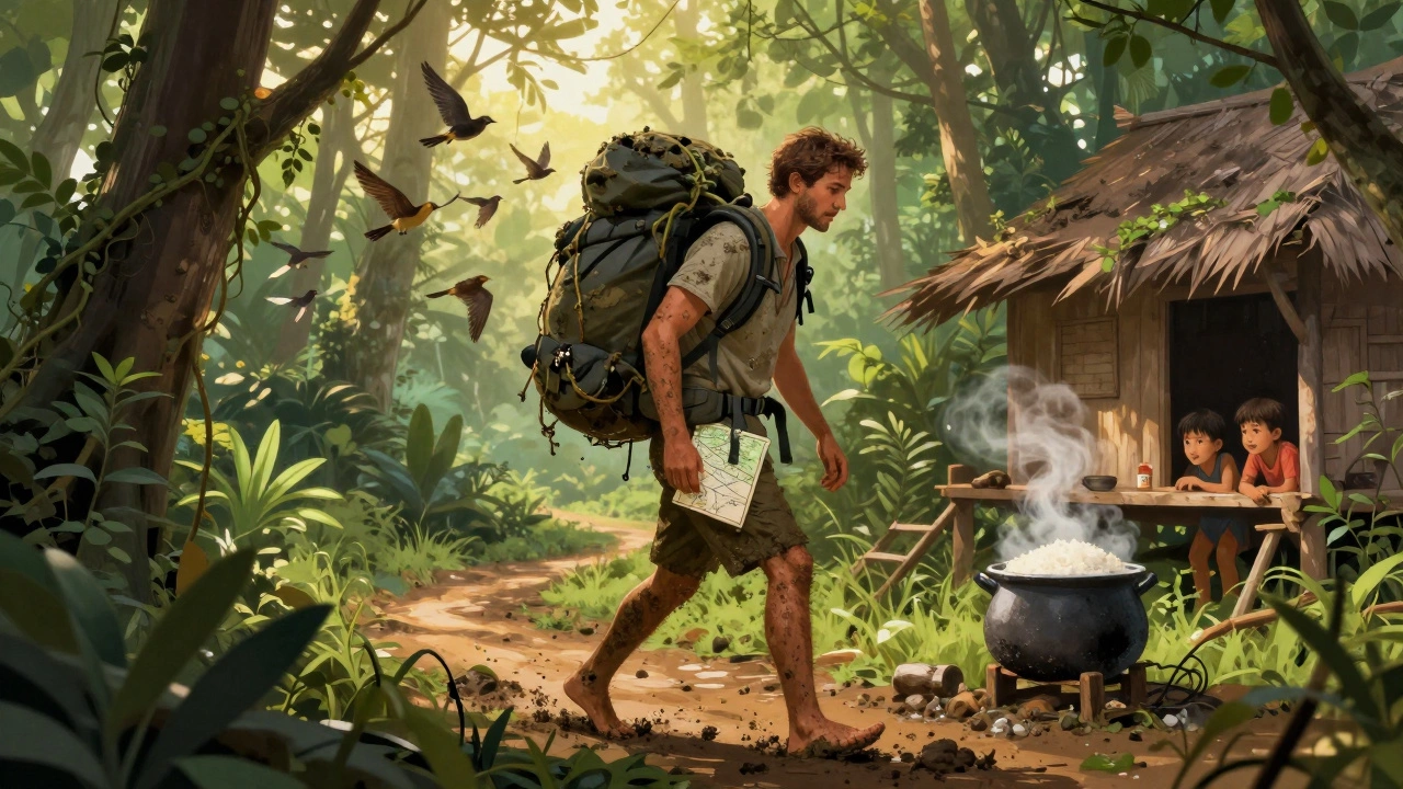 Мэтт Барретт идет по тропе в тайге Таиланда, с картой и тяжелым рюкзаком, дети наблюдают за ним.