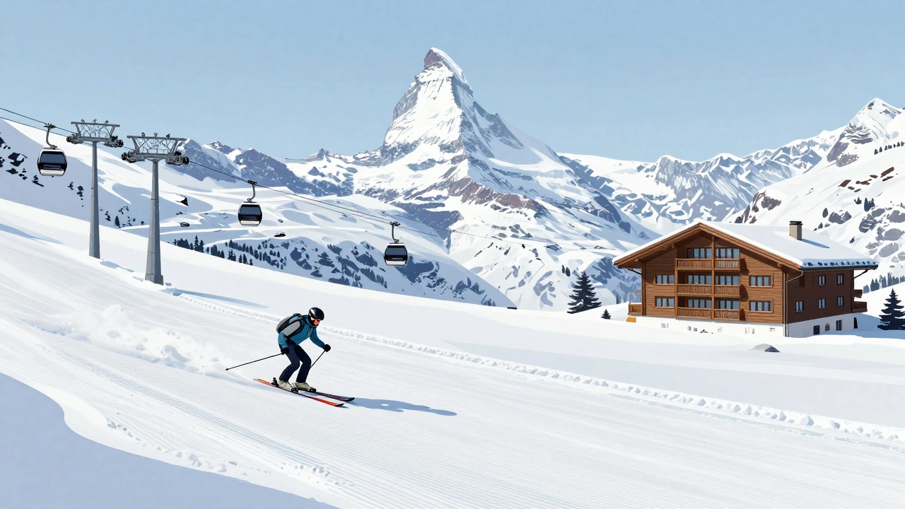 Одинокий лыжник на идеально подготовленной трассе в Зерматте, вид на Маттерхорн и кабельные дороги, ни души вокруг.