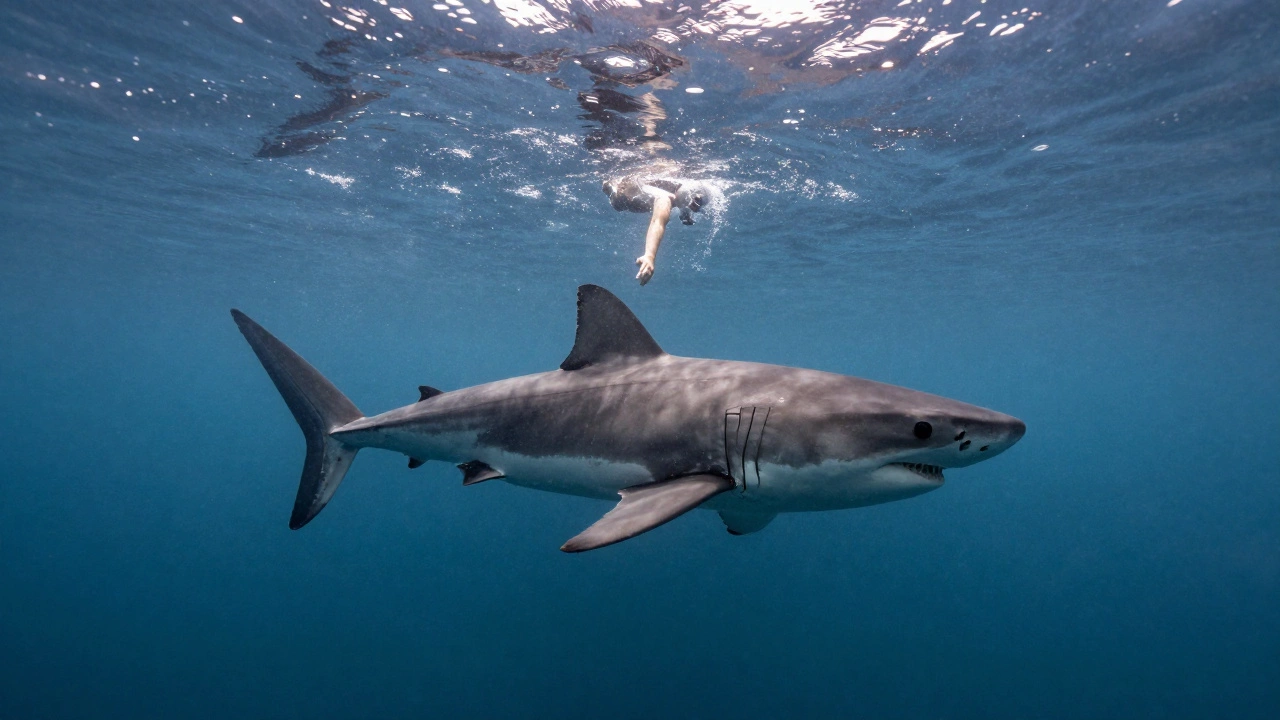 Пловец в открытом море без клетки, рядом — акула-белая, солнечный свет сквозь воду, напряженная атмосфера.