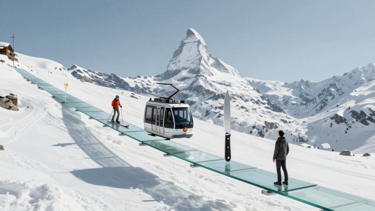 Прозрачная тропа, символизирующая скрытые затраты на эксклюзивность в Зерматте: шампанское, лыжи, трамвай, нож шефа — всё парит в воздухе.