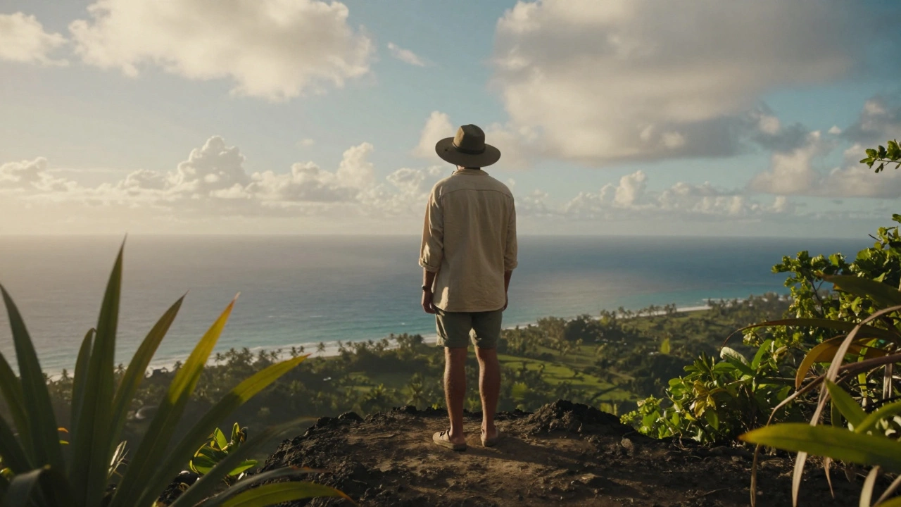 Путешественник в шляпе смотрит на тропический океан на закате.
