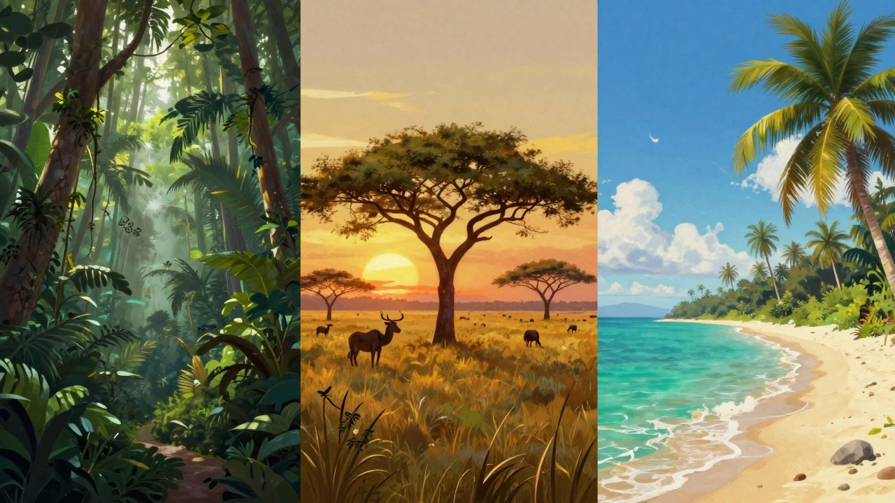 Разные тропические пейзажи: джунгли, саванна и пляж в одном изображении.