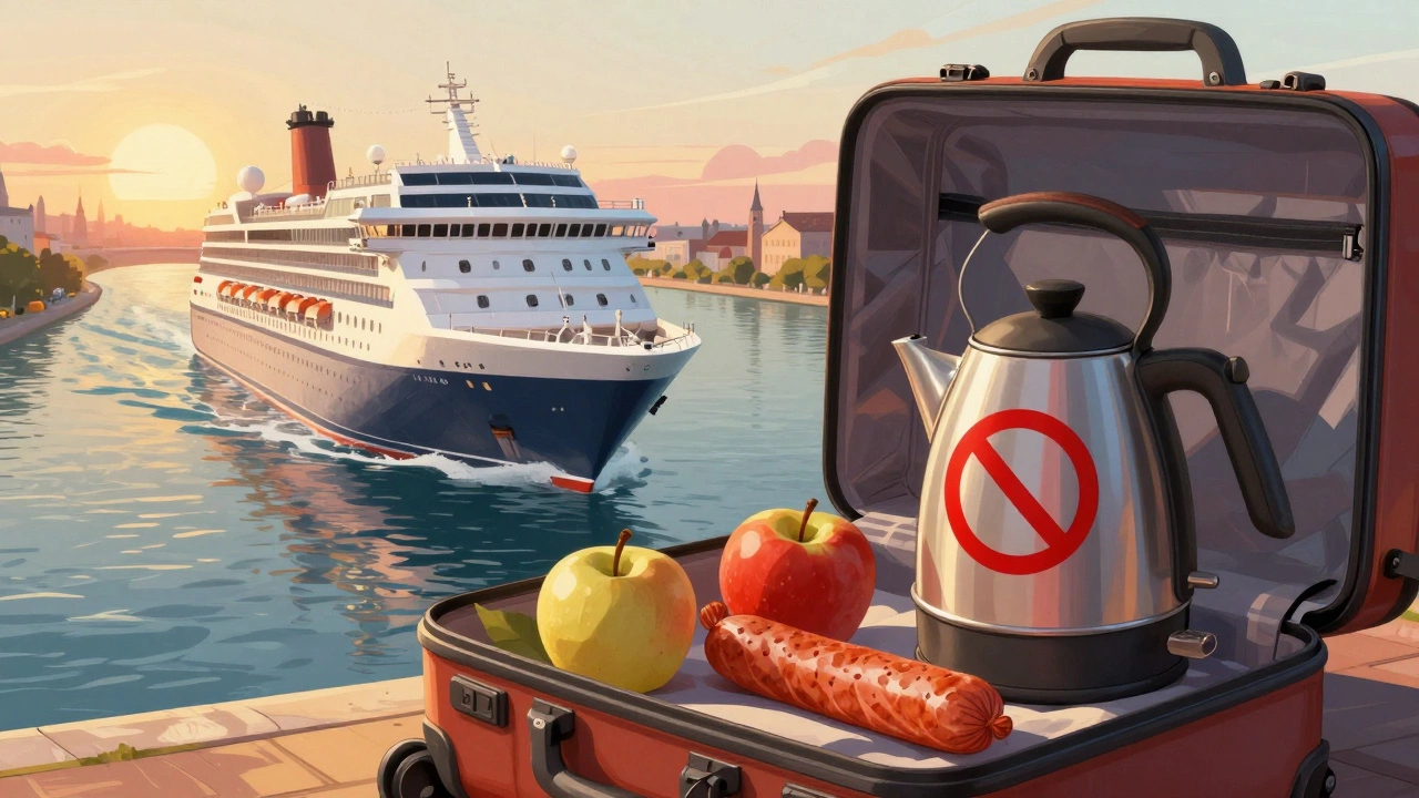 Рентген-скан багажа с запрещенными продуктами и электроприборами на круизном судне.