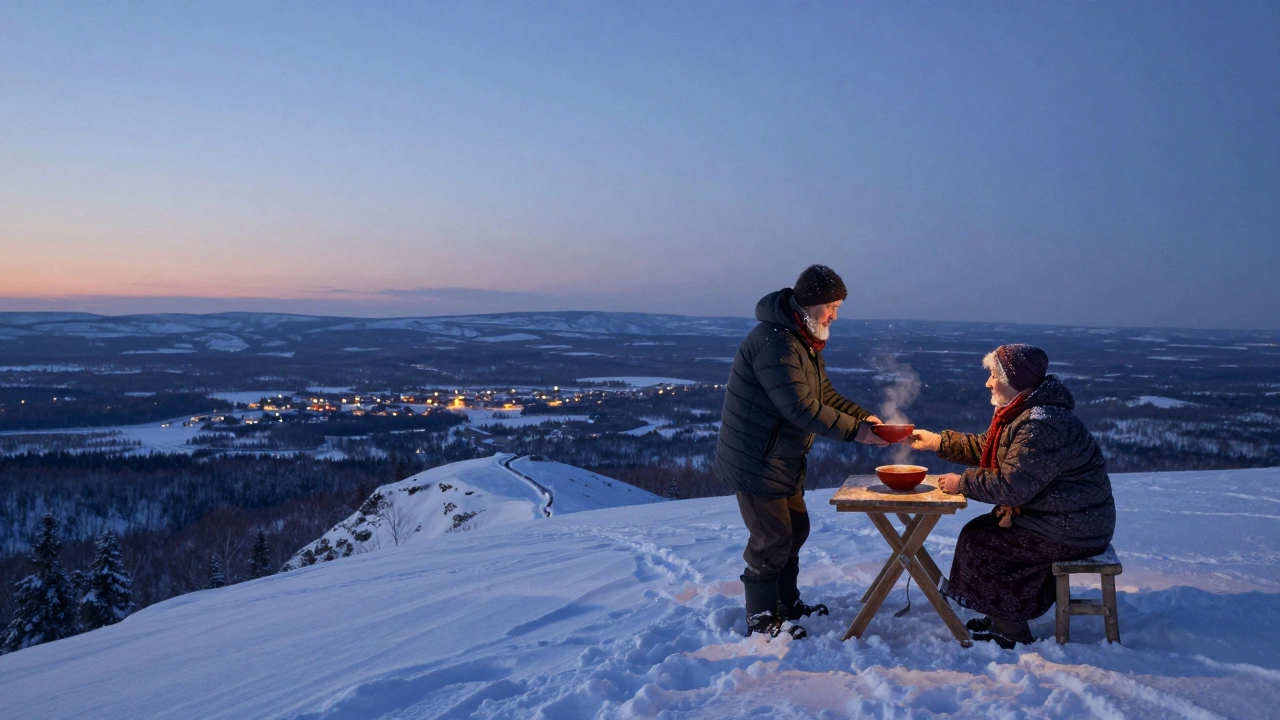 Российский путешественник получает щи от бабушки в Сибири, за ним — бескрайние снежные просторы и звезды.