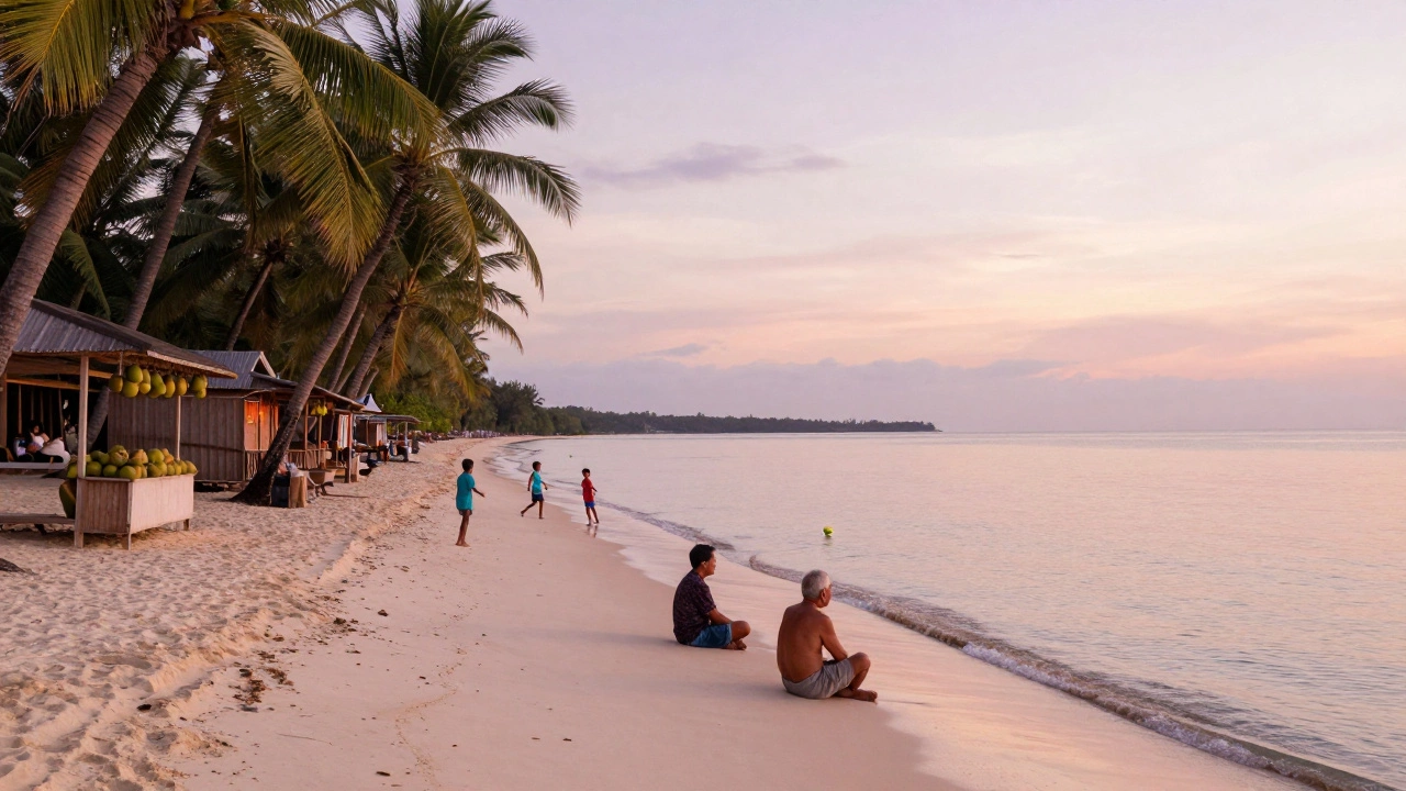Розовый песок пляжа Боракай в Филиппинах, дети играют в футбол, взрослые смотрят на горизонт.