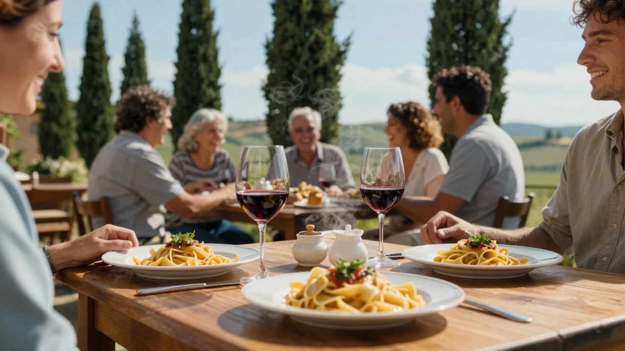 Семья в тосканском кафе угощает путешественника пастой и вином
