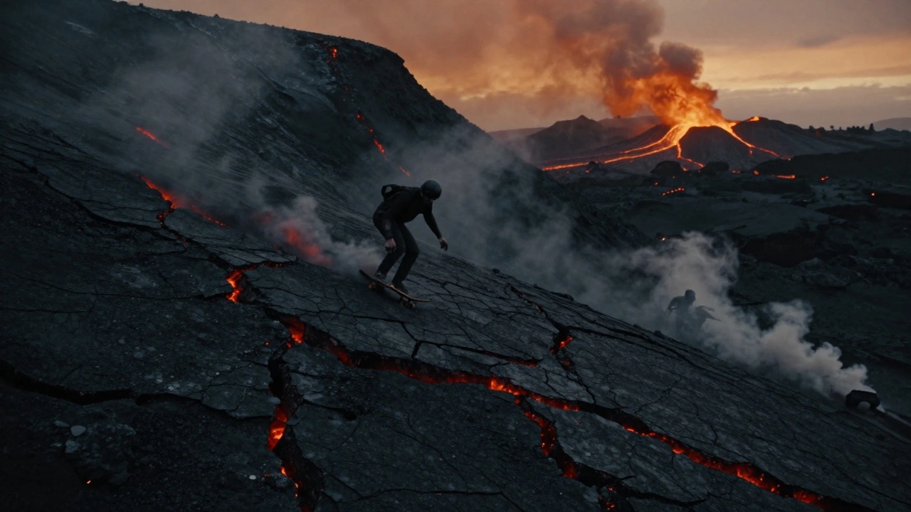 Скейтер спускается по вулканическому пеплу, под поверхностью — раскаленные трещины, двое провалились.